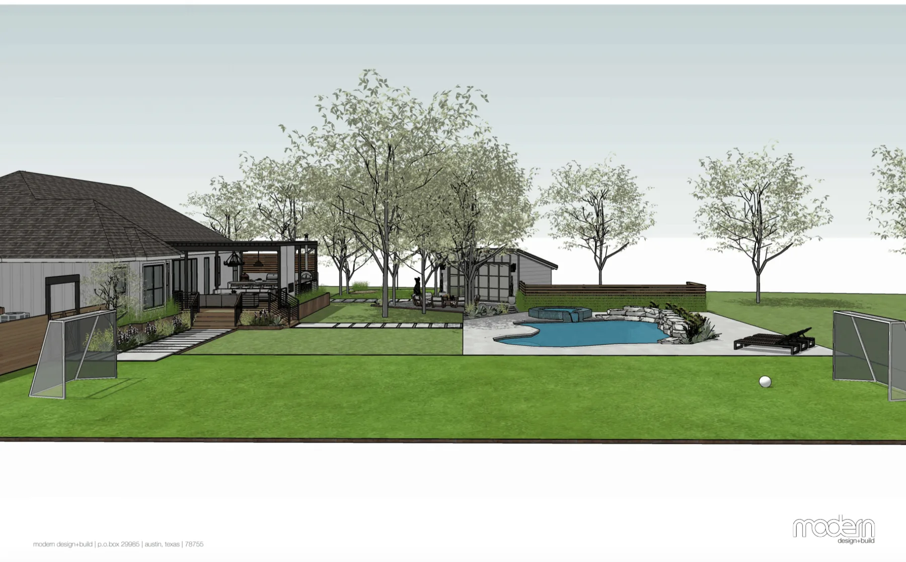 3D rendering of a backyard with a freeform pool, spa, lawn and sport-court goals beside a home